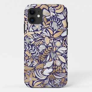 Gold Navy White Floral Leaf Illustration Pattern iPhone 11 Case