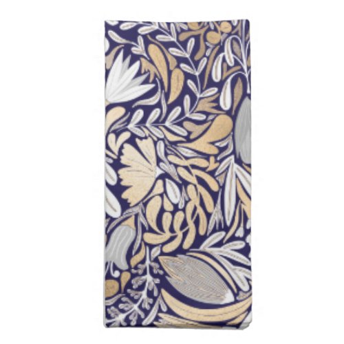 Gold Navy White Floral Leaf Illustration Pattern Cloth Napkin