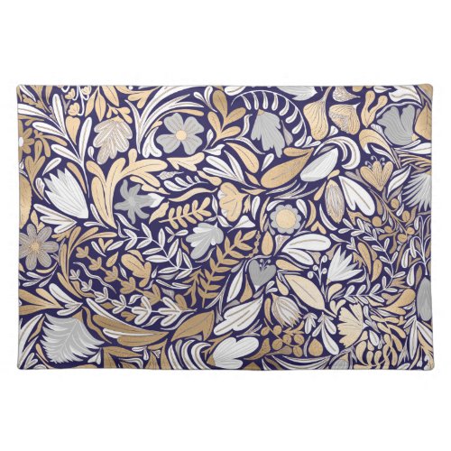 Gold Navy White Floral Leaf Illustration Pattern Cloth Placemat