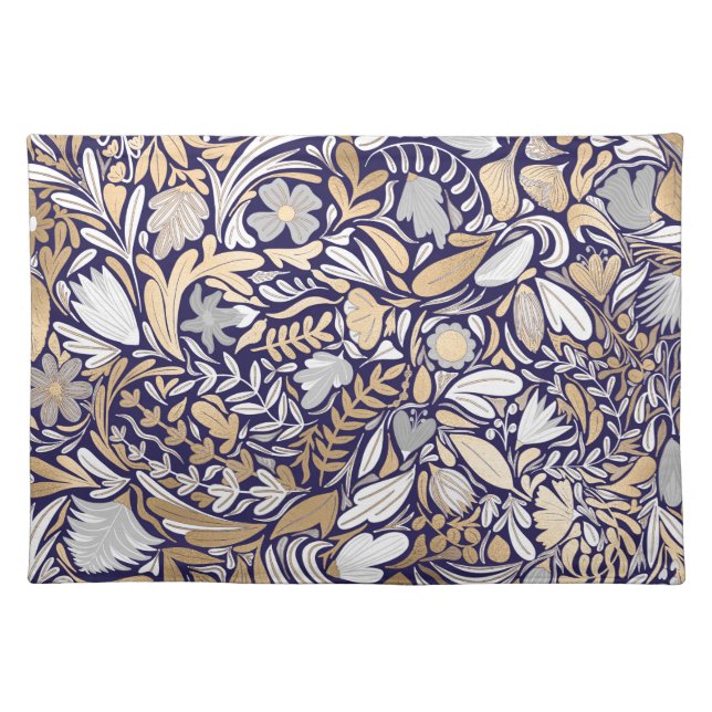 Gold Navy White Floral Leaf Illustration Pattern Cloth Placemat (Front)