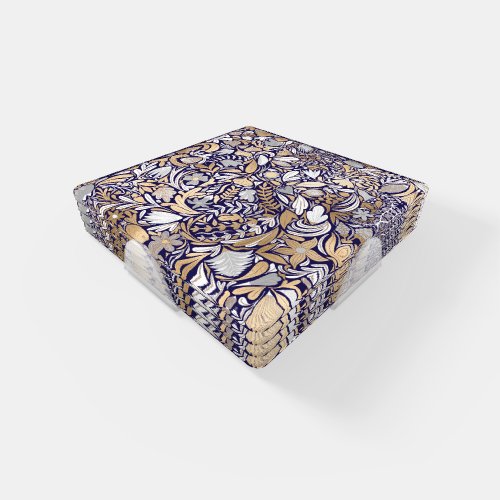 Gold Navy White Floral Leaf Illustration Pattern Coaster Set