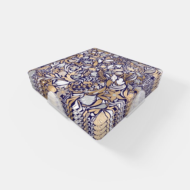 Gold Navy White Floral Leaf Illustration Pattern Coaster Set (Set)