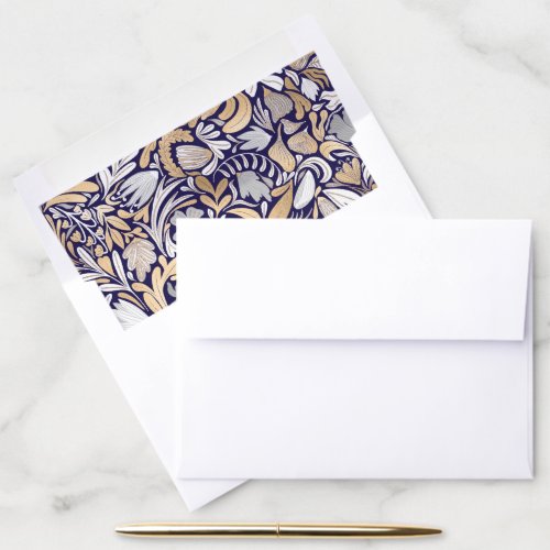 Gold Navy White Floral Leaf Illustration Pattern Envelope Liner