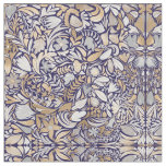 Gold Navy White Floral Leaf Illustration Pattern Fabric