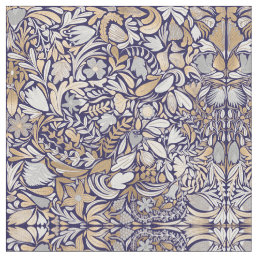 Gold Navy White Floral Leaf Illustration Pattern Fabric
