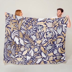 Gold Navy White Floral Leaf Illustration Pattern Fleece Blanket