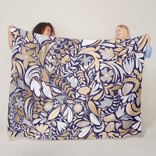 Gold Navy White Floral Leaf Illustration Pattern Fleece Blanket