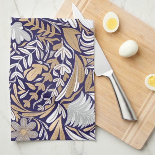 Gold Navy White Floral Leaf Illustration Pattern Kitchen Towel