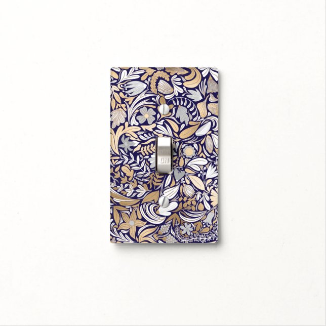 Gold Navy White Floral Leaf Illustration Pattern Light Switch Cover (In Situ)