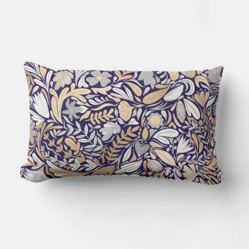 Gold Navy White Floral Leaf Illustration Pattern Lumbar Pillow
