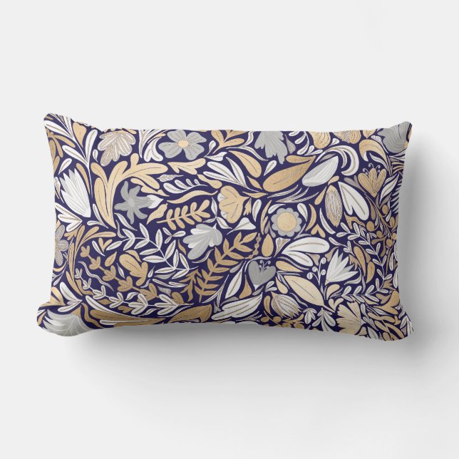 Gold Navy White Floral Leaf Illustration Pattern Lumbar Pillow (Front)