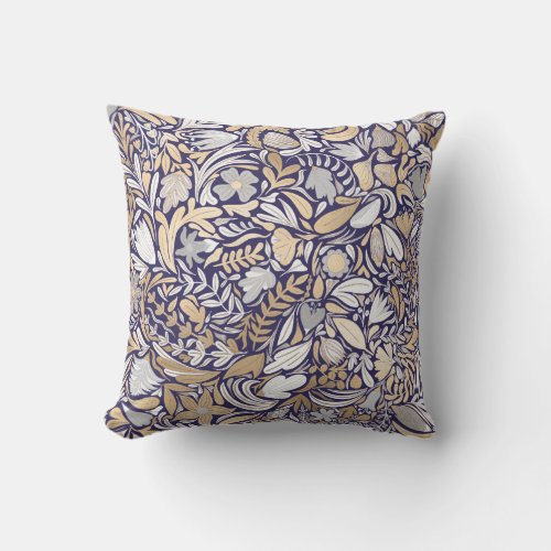 Gold Navy White Floral Leaf Illustration Pattern Outdoor Pillow