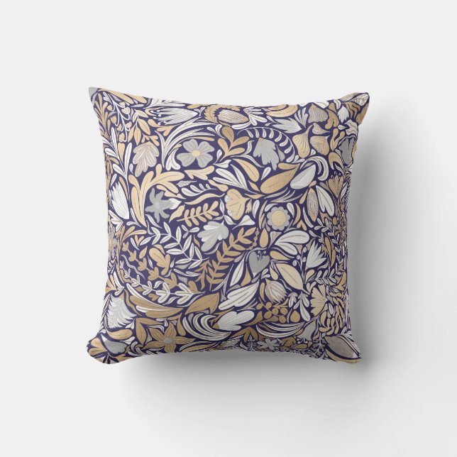 Gold Navy White Floral Leaf Illustration Pattern Outdoor Pillow (Front)