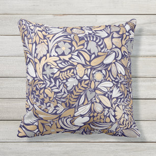 Gold Navy White Floral Leaf Illustration Pattern Outdoor Pillow