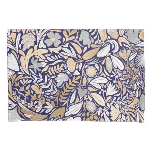Gold Navy White Floral Leaf Illustration Pattern Pillow Case