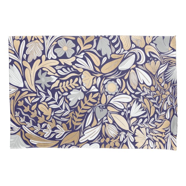 Gold Navy White Floral Leaf Illustration Pattern Pillow Case (Front)