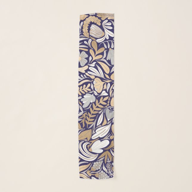 Gold Navy White Floral Leaf Illustration Pattern Scarf (Front)