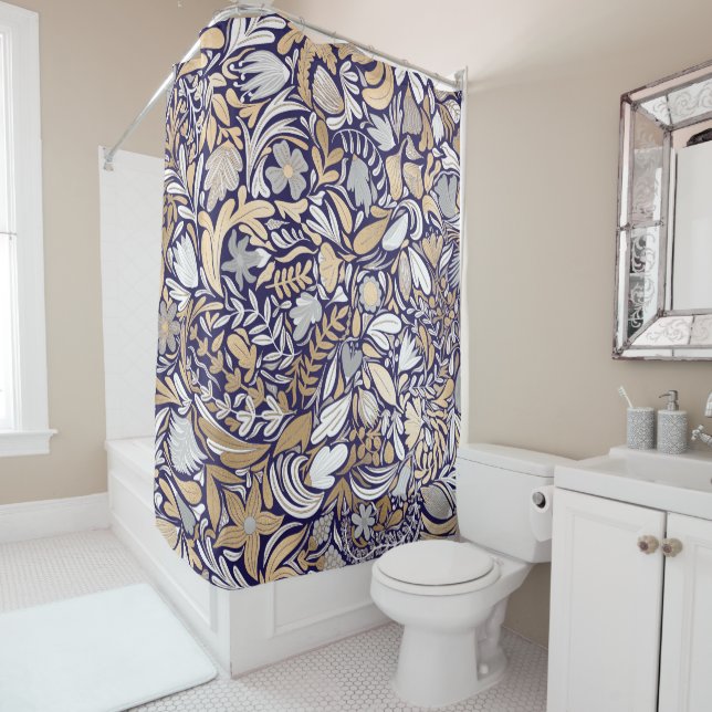 Gold Navy White Floral Leaf Illustration Pattern Shower Curtain (In Situ)