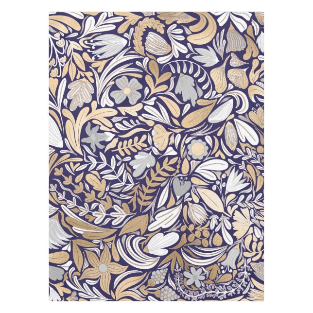Gold Navy White Floral Leaf Illustration Pattern Tablecloth (Front)