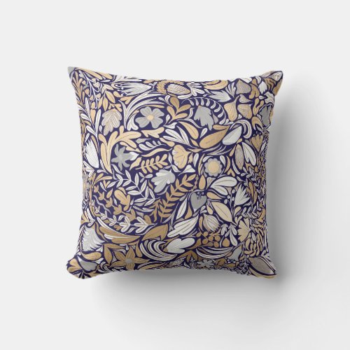 Gold Navy White Floral Leaf Illustration Pattern Throw Pillow