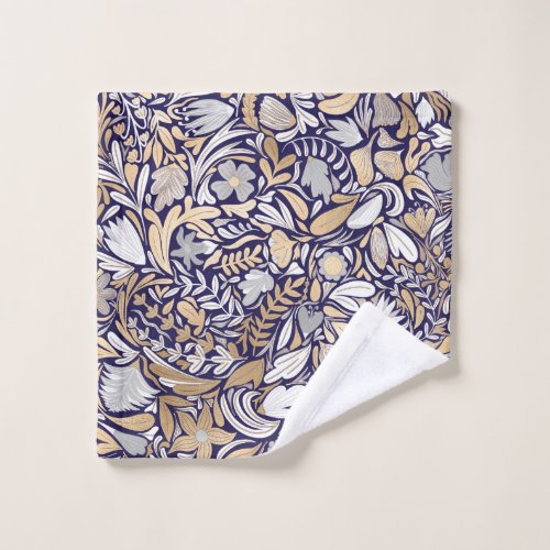 Gold Navy White Floral Leaf Illustration Pattern Wash Cloth
