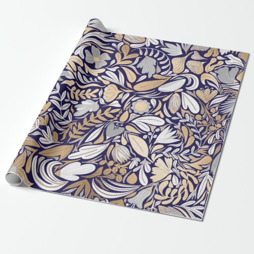 Gold Navy White Floral Leaf Illustration Pattern Wrapping Paper