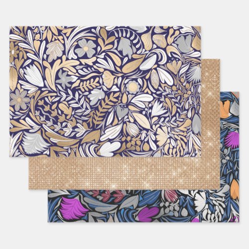Gold Navy White Floral Leaf Illustration Pattern Wrapping Paper Sheets