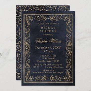 Gold Navy Winter Foliage Holiday Bridal Shower  Invitation