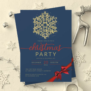 Gold Navy Winter Glitter Snowflake Company Xmas  Invitation