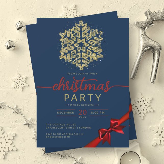 Gold Navy Winter Glitter Snowflake Company Xmas  Invitation (Gold Navy Winter Glitter Snowflake Company Xmas Invitation)