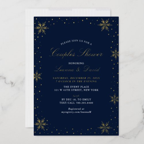 Gold  Navy Winter Snow Couples Wedding Shower Foil Invitation