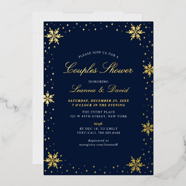 Gold & Navy Winter Snow Couples Wedding Shower Foil Invitation (Envelope)