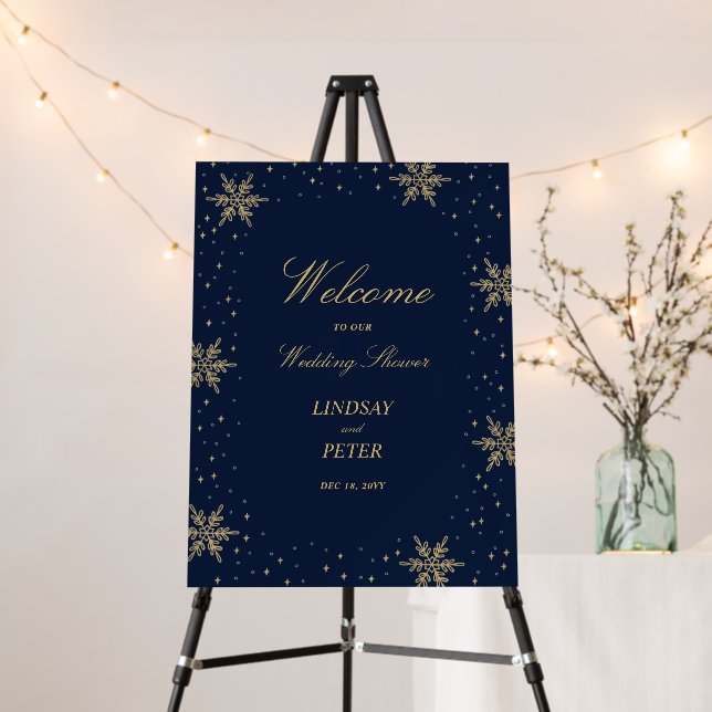 Gold & Navy Winter Snow Wedding Shower Welcome Foam Board (In Situ (Stand))