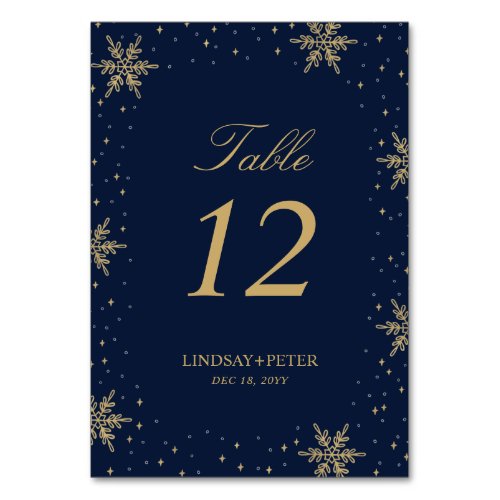 Gold  Navy Winter Snowflakes Wedding Shower Table Number