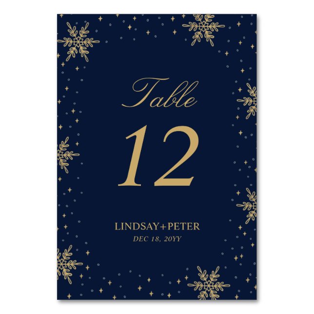 Gold & Navy Winter Snowflakes Wedding Shower Table Number (Front)