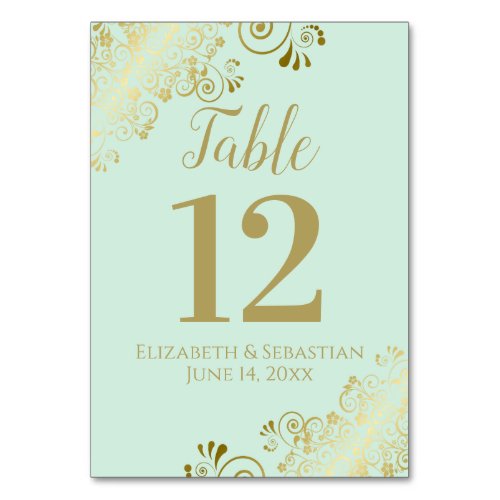 Gold  Neo Mint Green Elegant Frilly Wedding Table Number