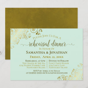 Gold & Neo Mint Green Wedding Rehearsal & Dinner Invitation