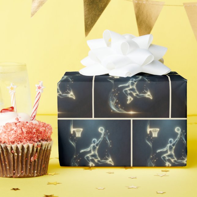 Gold Neon Basletball Player With Light Trails Wrapping Paper (Birthday Party)