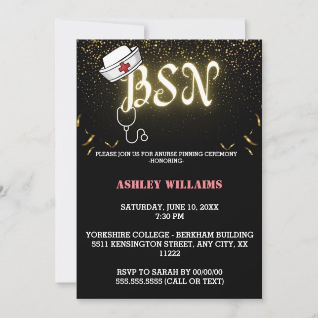  Gold Neon Nursing Pinning ceremony invitations (Front)