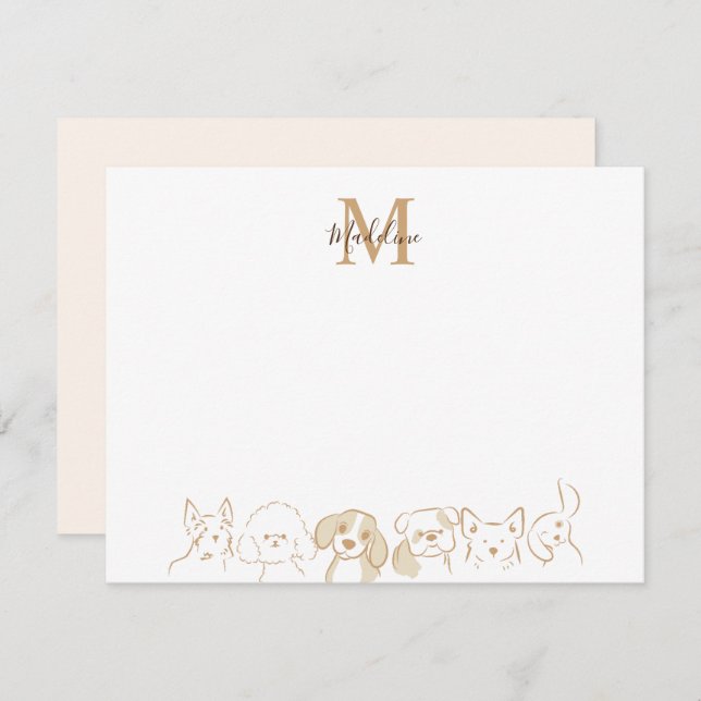 Gold Neutral Pop Dog Pattern Elegant Monogram Note Card (Front/Back)