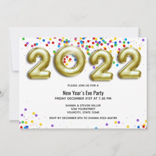 Gold New Year 2022 Balloon Colorful Confetti Party Invitation