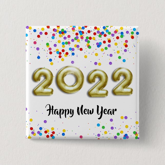 Gold New Year 2022 Balloons Colorful Confetti Button (Front)