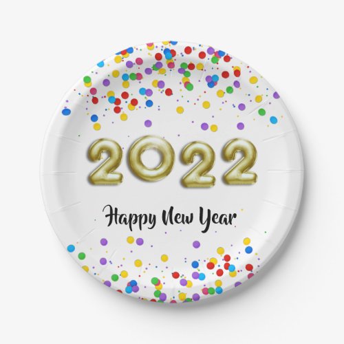 Gold New Year 2022 Balloons Colorful Confetti Paper Plates