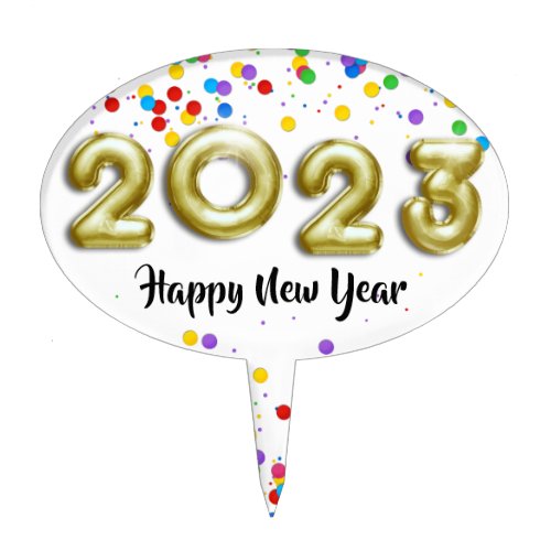 Gold New Year 2023 Balloons Colorful Confetti Cake Topper