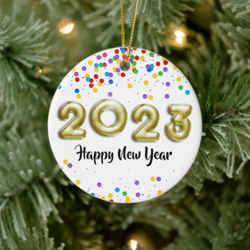 Gold New Year 2023 Balloons Colorful Confetti Ceramic Ornament