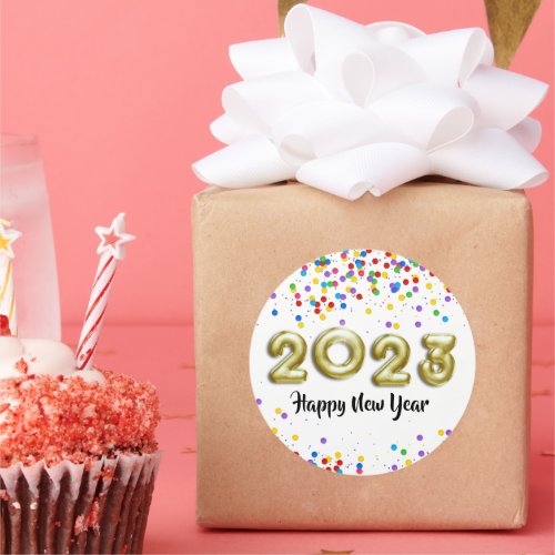 Gold New Year 2023 Balloons Colorful Confetti Classic Round Sticker