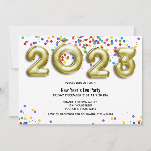 Gold New Year 2023 Balloons Colorful Confetti Invitation