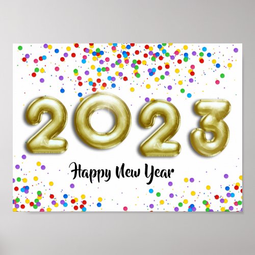 Gold New Year 2023 Balloons Colorful Confetti Poster