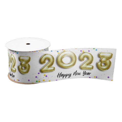 Gold New Year 2023 Balloons Colorful Confetti Satin Ribbon