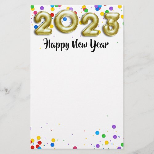 Gold New Year 2023 Balloons Colorful Confetti Stationery